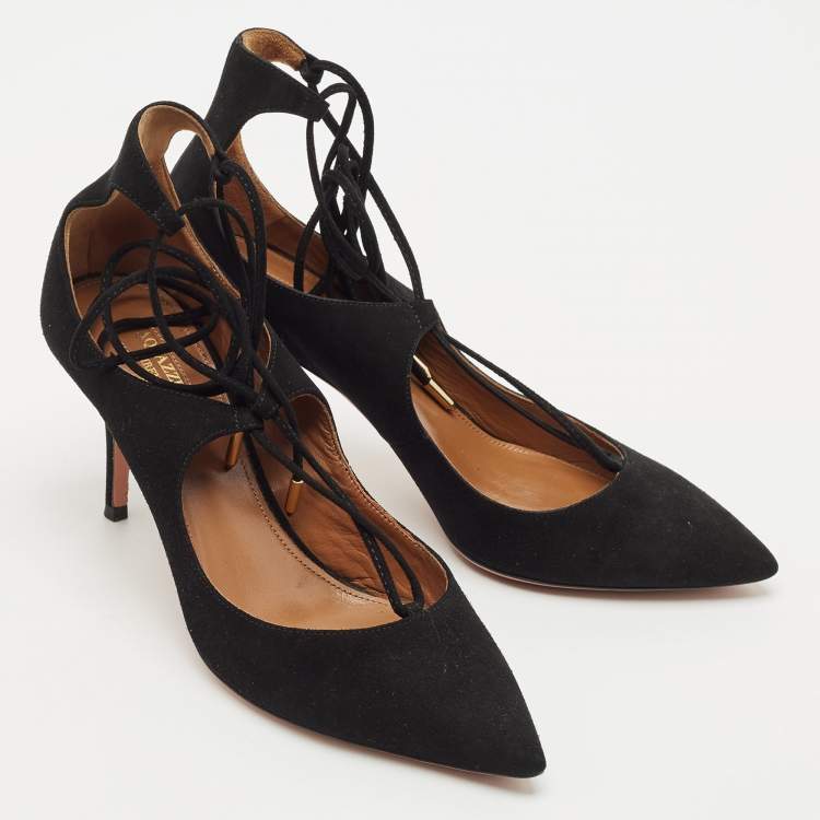 Pre Owned Aquazzura Black Suede Christy Pointed Toe Ankle Wrap Pumps Size 37