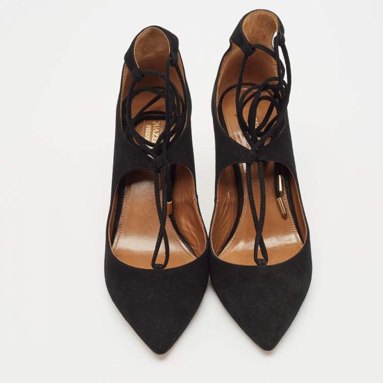 Pre Owned Aquazzura Black Suede Christy Pointed Toe Ankle Wrap Pumps Size 37