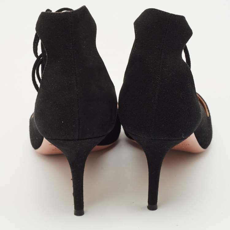 Pre Owned Aquazzura Black Suede Christy Pointed Toe Ankle Wrap Pumps Size 37