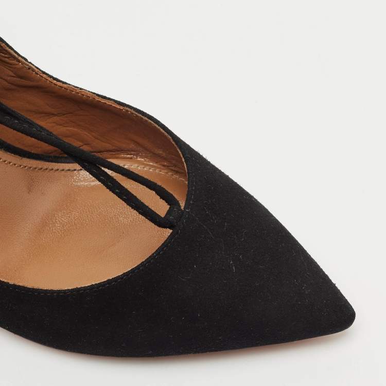 Pre Owned Aquazzura Black Suede Christy Pointed Toe Ankle Wrap Pumps Size 37