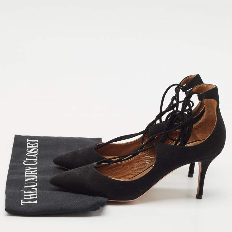 Pre Owned Aquazzura Black Suede Christy Pointed Toe Ankle Wrap Pumps Size 37