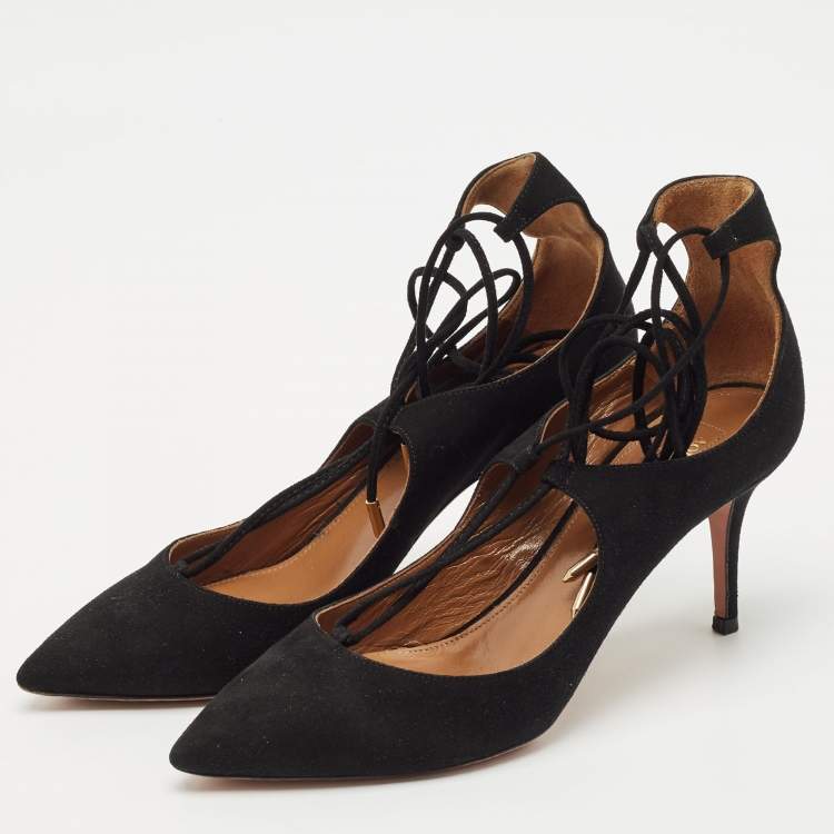 Pre Owned Aquazzura Black Suede Christy Pointed Toe Ankle Wrap Pumps Size 37