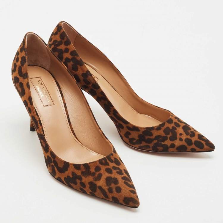 Pre Owned Aquazzura Brown Jaguar Print Suede Purist Pointed Toe Pumps Size 37
