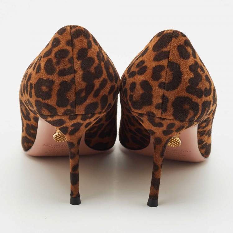 Pre Owned Aquazzura Brown Jaguar Print Suede Purist Pointed Toe Pumps Size 37