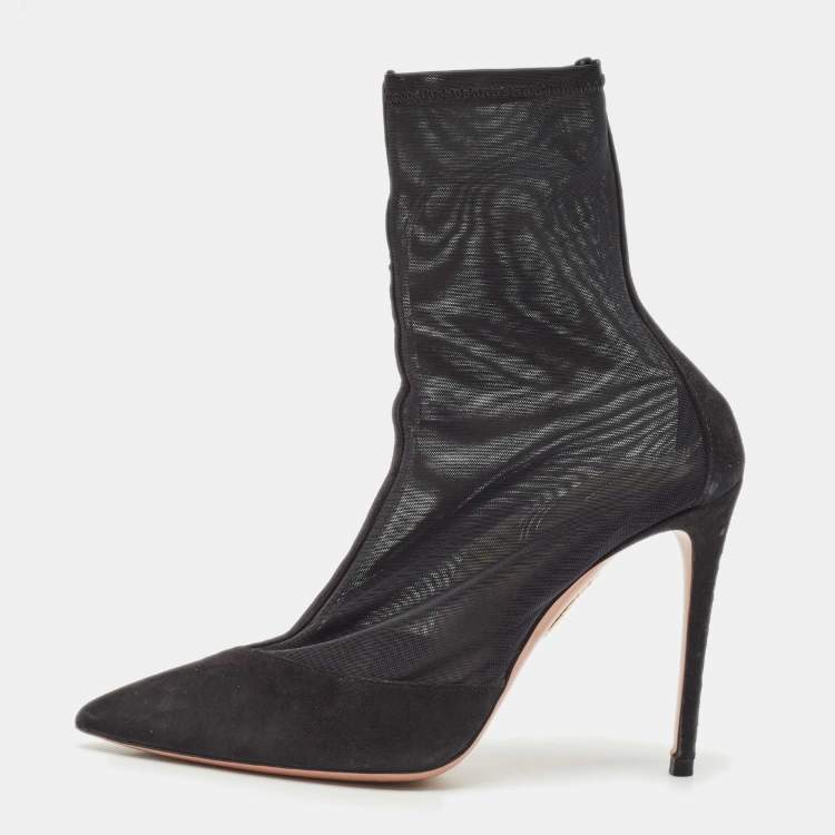 Pre Owned Aquazzura Black Mesh and Suede Pointed Toe Hot Stuff Ankle Booties Size 37