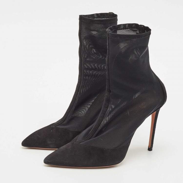 Pre Owned Aquazzura Black Mesh and Suede Pointed Toe Hot Stuff Ankle Booties Size 37