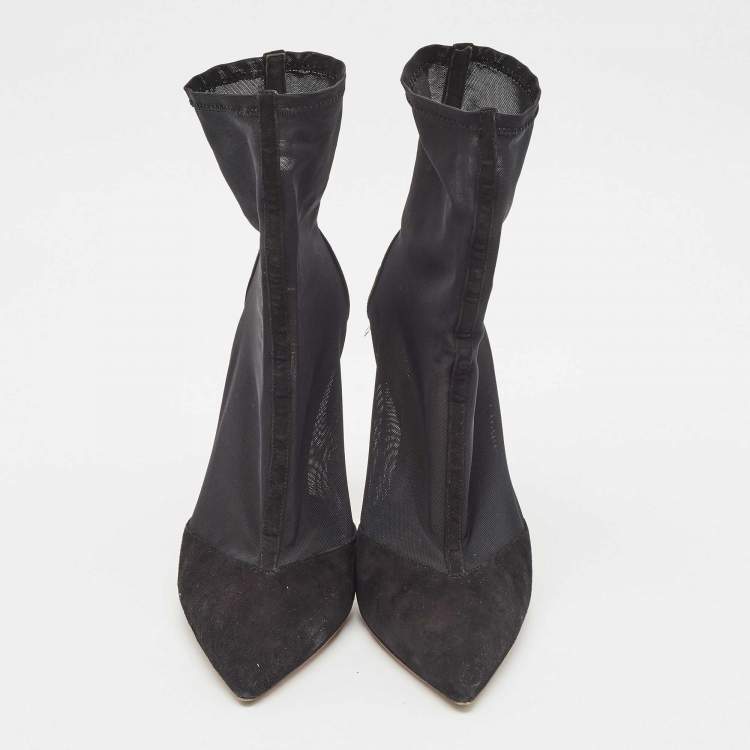 Pre Owned Aquazzura Black Mesh and Suede Pointed Toe Hot Stuff Ankle Booties Size 37