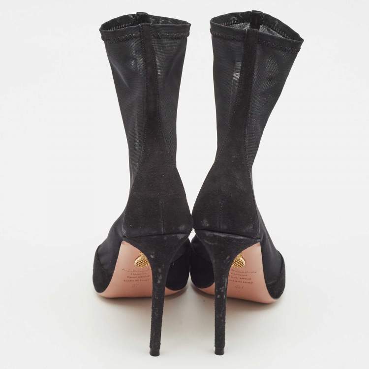 Pre Owned Aquazzura Black Mesh and Suede Pointed Toe Hot Stuff Ankle Booties Size 37