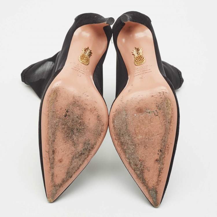 Pre Owned Aquazzura Black Mesh and Suede Pointed Toe Hot Stuff Ankle Booties Size 37