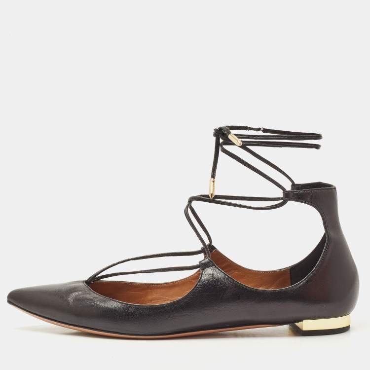 Pre Owned Aquazzura Black Leather Christy Lace Up Pointed Toe Ballet Flats Size 39