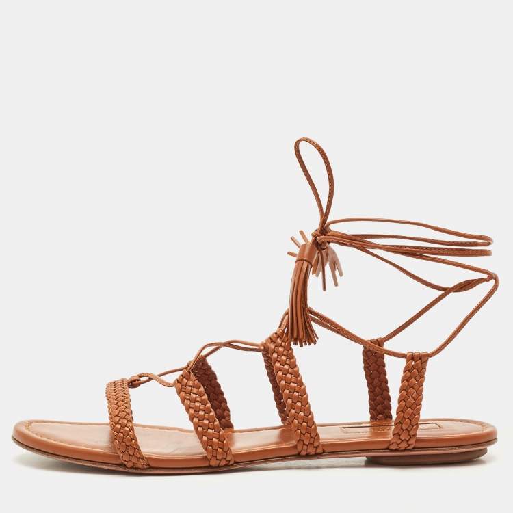 Pre Owned Aquazzura Tan Leather Braided Stromboli Flat Sandals Size 36.5