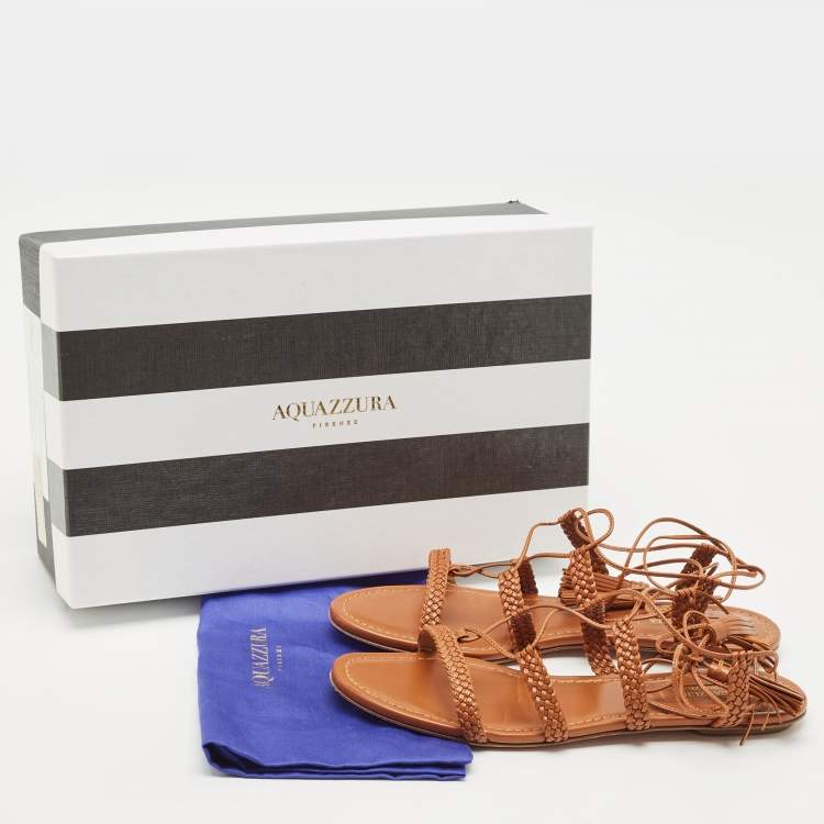 Pre Owned Aquazzura Tan Leather Braided Stromboli Flat Sandals Size 36.5