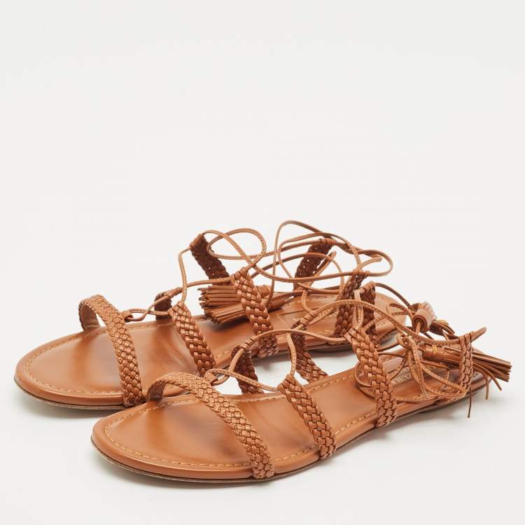 Pre Owned Aquazzura Tan Leather Braided Stromboli Flat Sandals Size 36.5