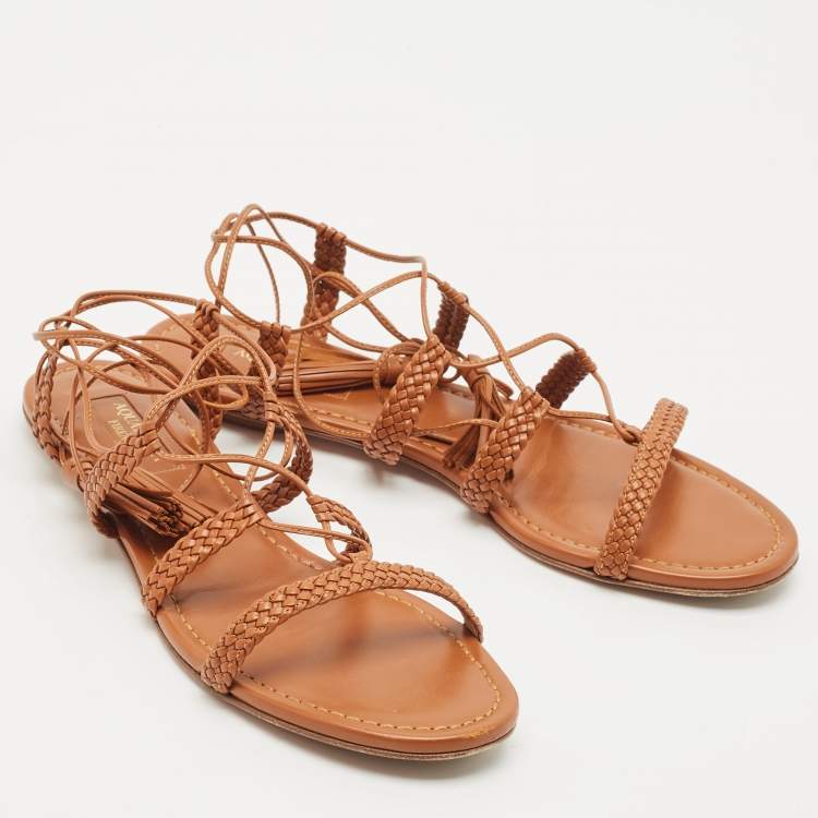 Pre Owned Aquazzura Tan Leather Braided Stromboli Flat Sandals Size 36.5
