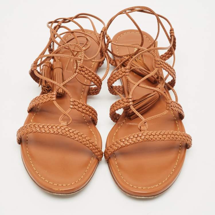 Pre Owned Aquazzura Tan Leather Braided Stromboli Flat Sandals Size 36.5