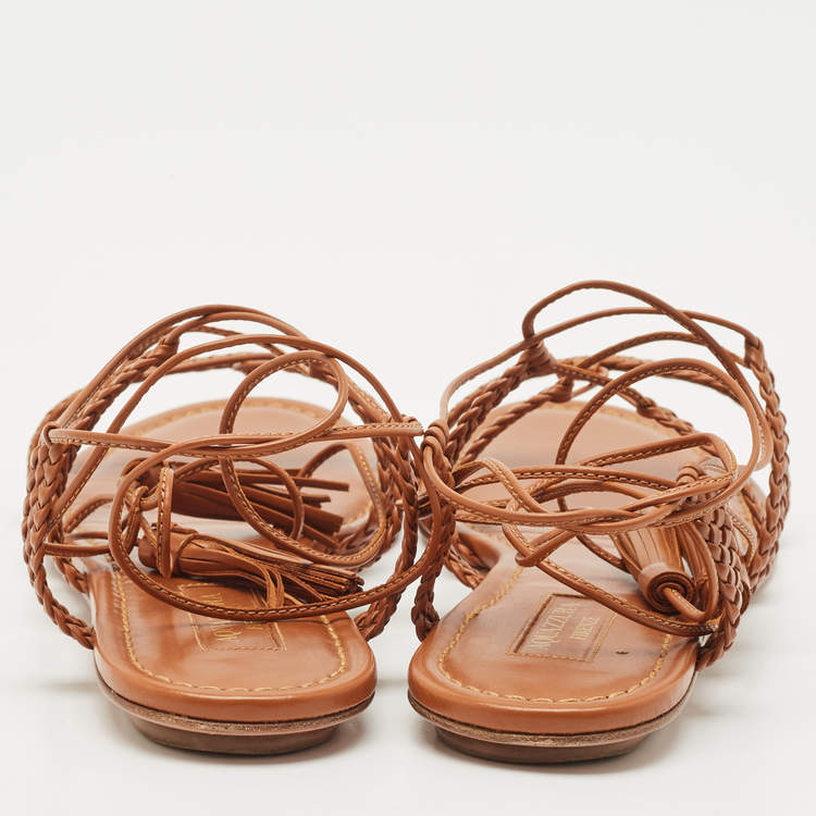 Pre Owned Aquazzura Tan Leather Braided Stromboli Flat Sandals Size 36.5