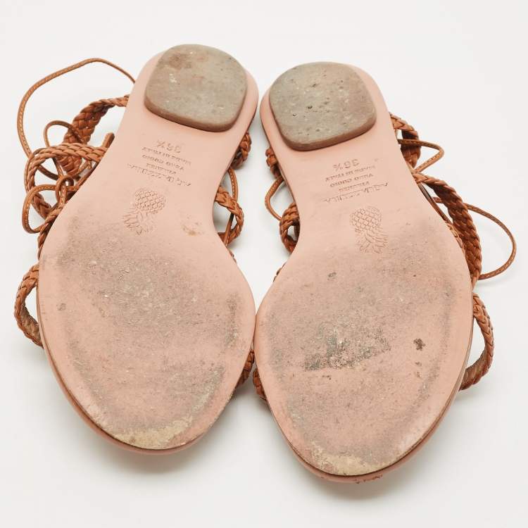 Pre Owned Aquazzura Tan Leather Braided Stromboli Flat Sandals Size 36.5