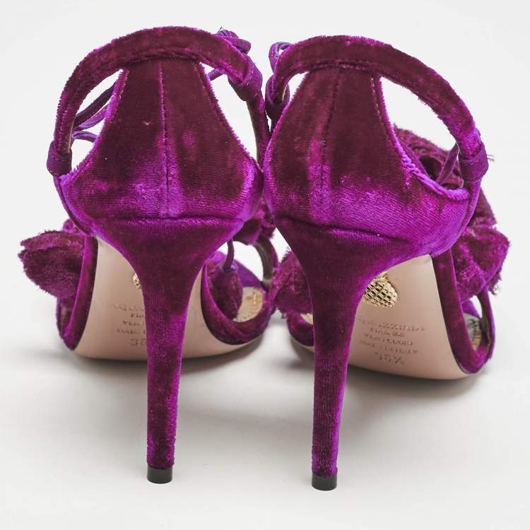 Pre Owned Aquazzura Exotic Pink Velvet Wild Flower Ankle Wrap Sandals Size 36.5