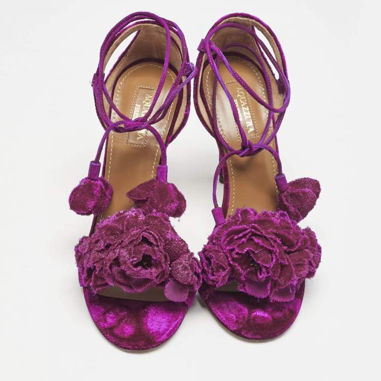 Pre Owned Aquazzura Exotic Pink Velvet Wild Flower Ankle Wrap Sandals Size 36.5