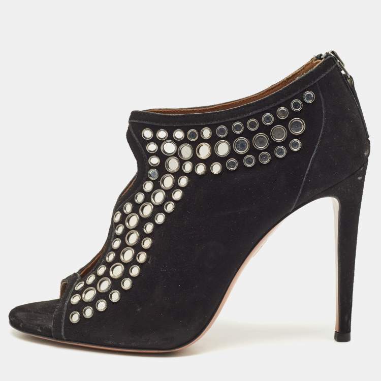 Pre Owned Aquazzura Black Suede Embellished Peep Toe Booties Size 37