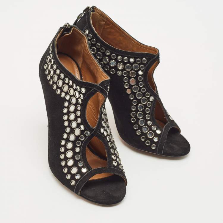 Pre Owned Aquazzura Black Suede Embellished Peep Toe Booties Size 37