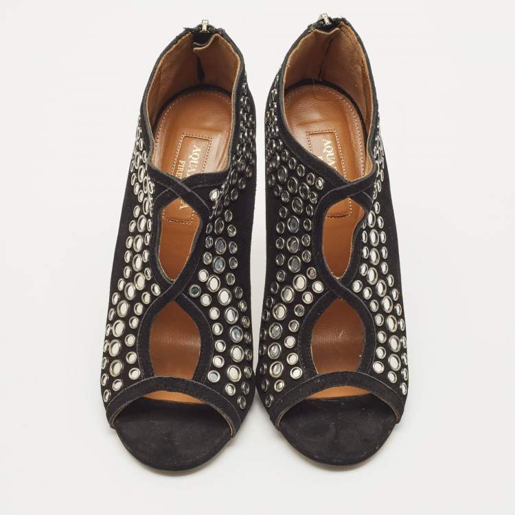 Pre Owned Aquazzura Black Suede Embellished Peep Toe Booties Size 37
