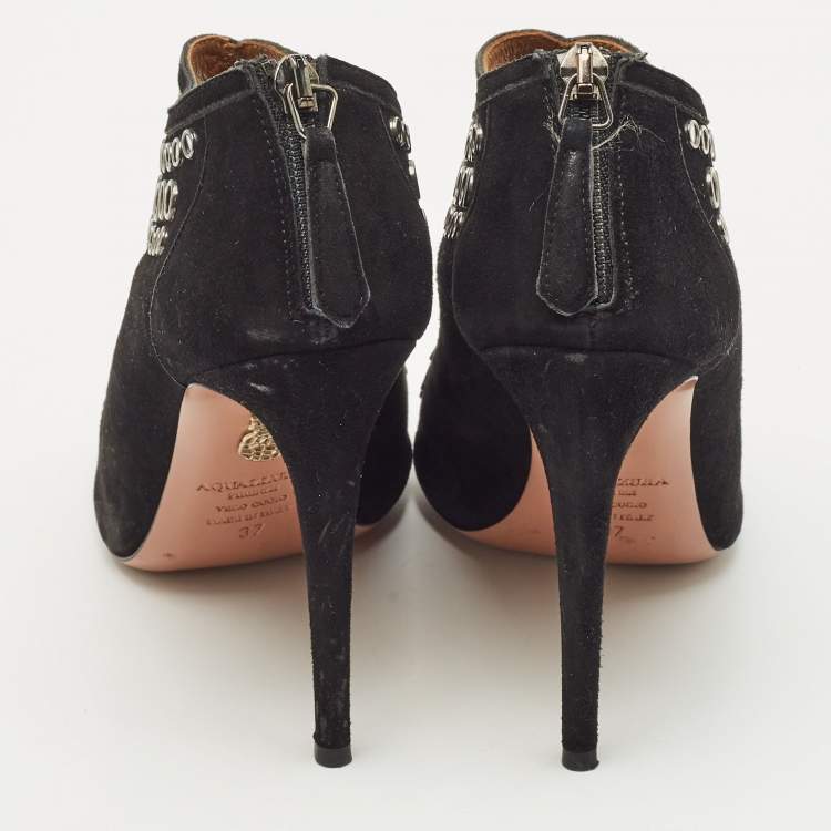 Pre Owned Aquazzura Black Suede Embellished Peep Toe Booties Size 37