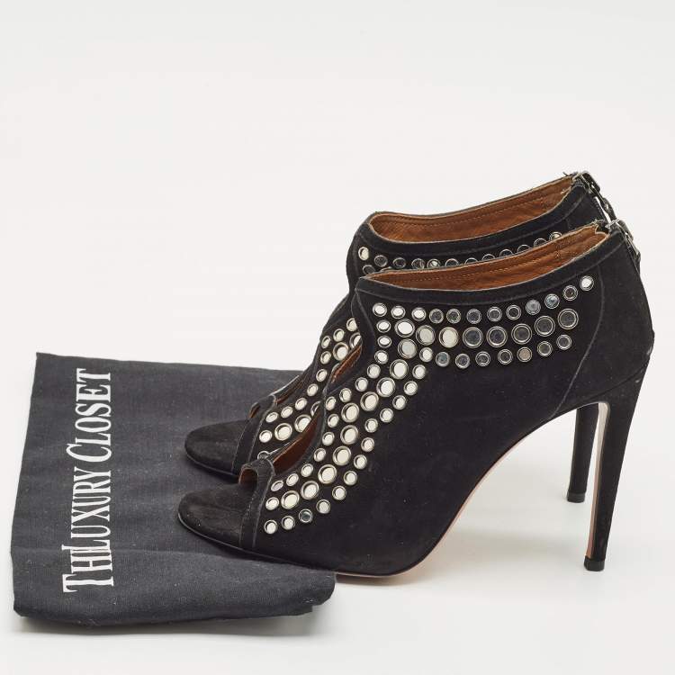 Pre Owned Aquazzura Black Suede Embellished Peep Toe Booties Size 37