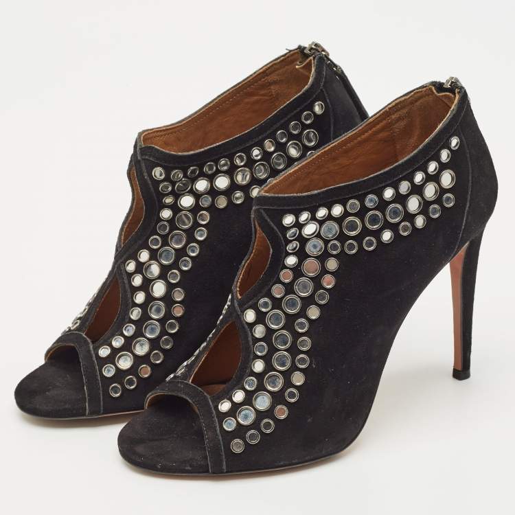 Pre Owned Aquazzura Black Suede Embellished Peep Toe Booties Size 37