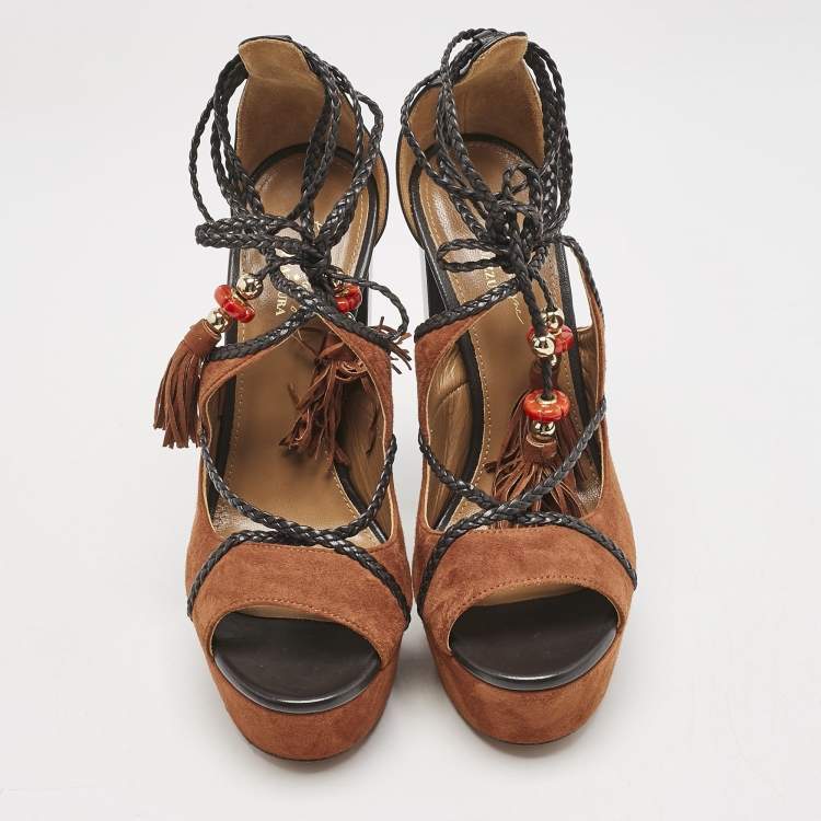 Pre Owned Aquazzura x Poppy Delevingne Brown Leather and Suede Ankle Wrap Platform Sandals Size 37