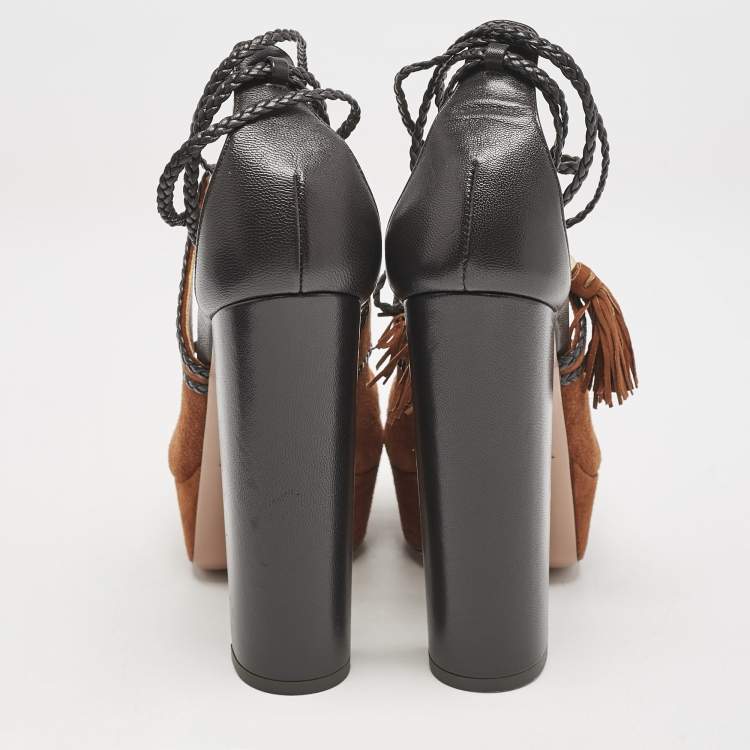 Pre Owned Aquazzura x Poppy Delevingne Brown Leather and Suede Ankle Wrap Platform Sandals Size 37
