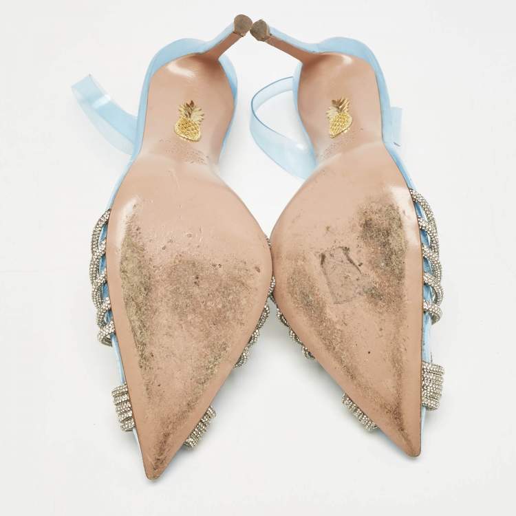 Pre Owned Aquazzura Blue PVC Crystal Embellished Gatsby Slingback Pumps Size 37