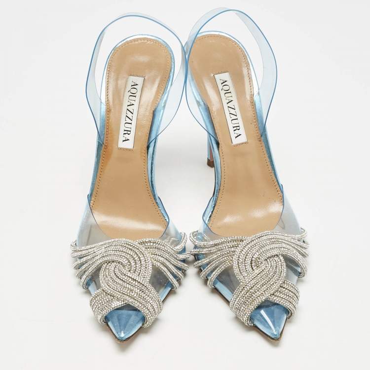 Pre Owned Aquazzura Blue PVC Crystal Embellished Gatsby Slingback Pumps Size 37