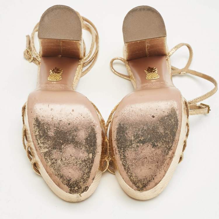 Pre Owned Aquazzura Gold Python Effect Leather Platform Ankle Strap Sandals Size 36