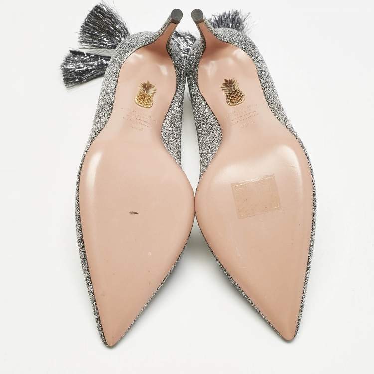 مملوكة مسبقًا Aquazzura Silver Metallic Lurex Fabric Forever Marilyn Fringe Pumps Size 38.5