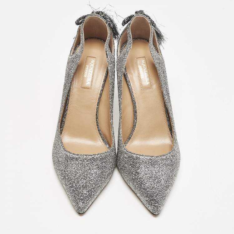 مملوكة مسبقًا Aquazzura Silver Metallic Lurex Fabric Forever Marilyn Fringe Pumps Size 38.5