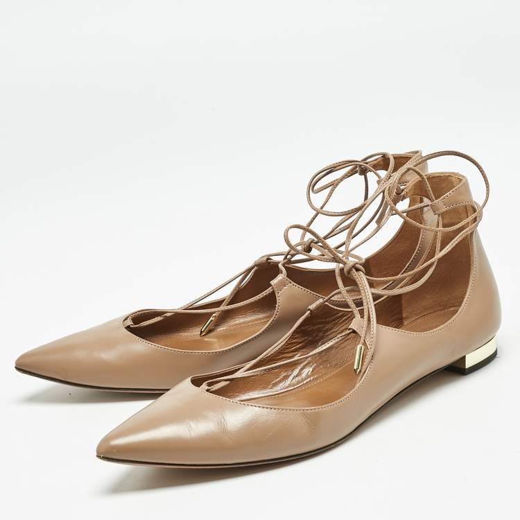 Pre Owned Aquazzura Beige Leather Christy Ankle Wrap Ballet Flats Size 40