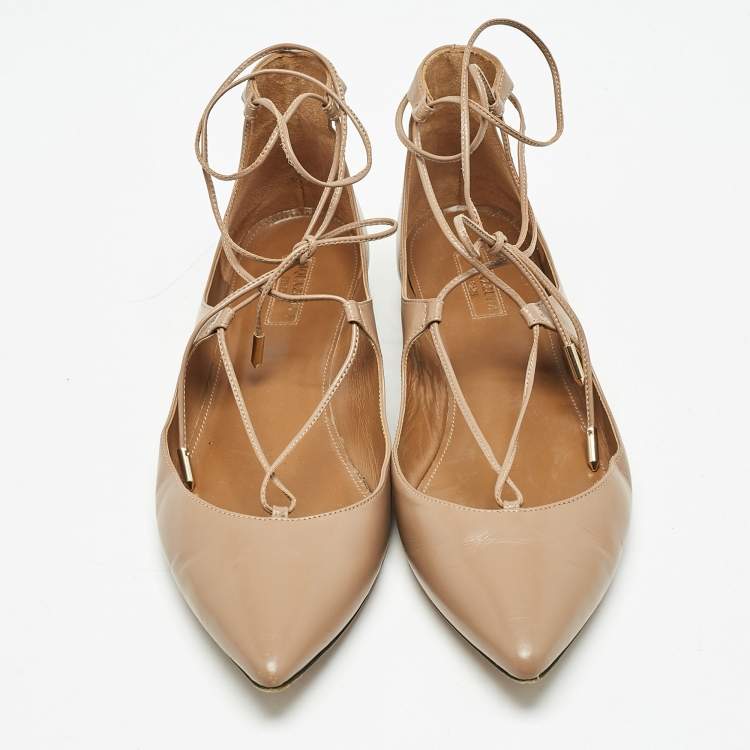 Pre Owned Aquazzura Beige Leather Christy Ankle Wrap Ballet Flats Size 40