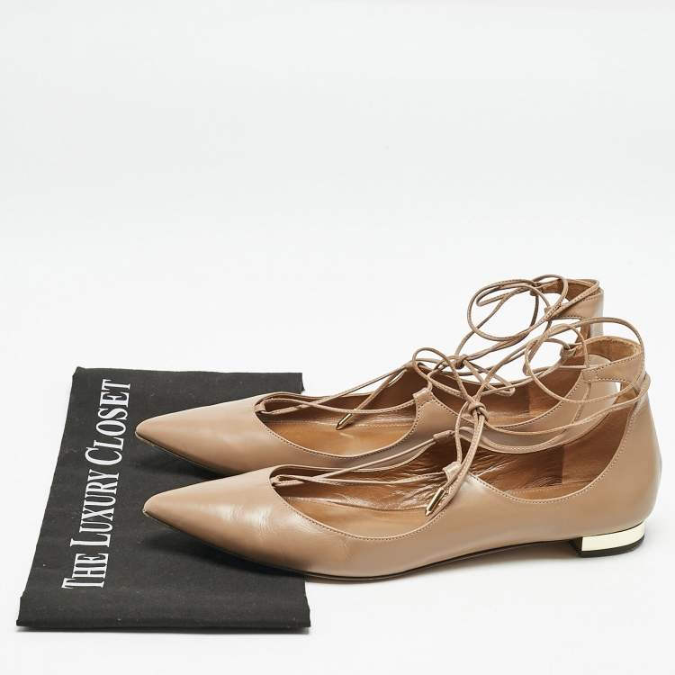 Pre Owned Aquazzura Beige Leather Christy Ankle Wrap Ballet Flats Size 40