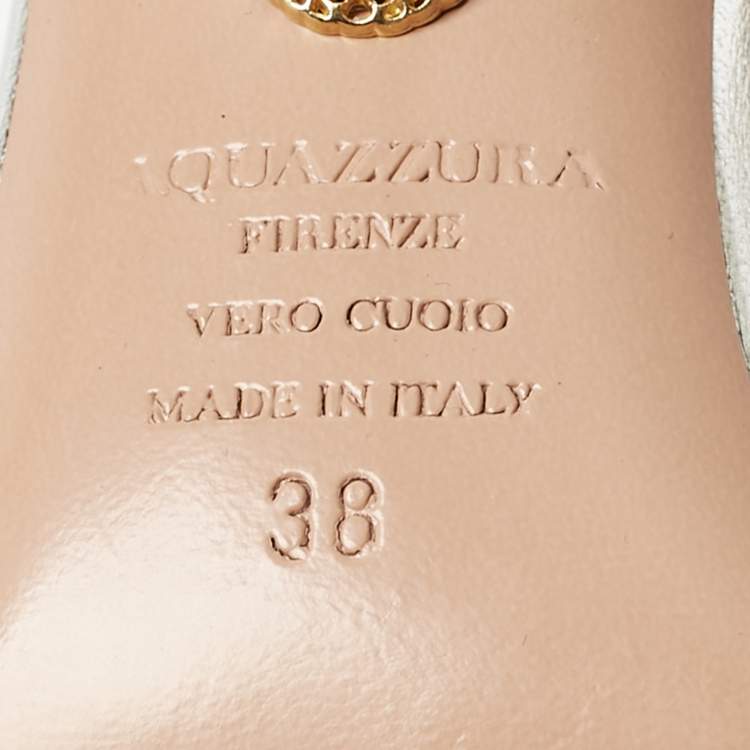 Pre Owned Aquazzura  Silver Leather Crystal Embellished Chateau Slingback Sandals Size 38