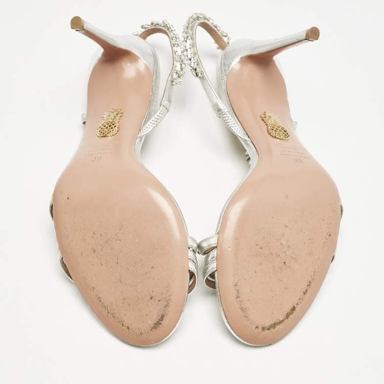 Pre Owned Aquazzura  Silver Leather Crystal Embellished Chateau Slingback Sandals Size 38