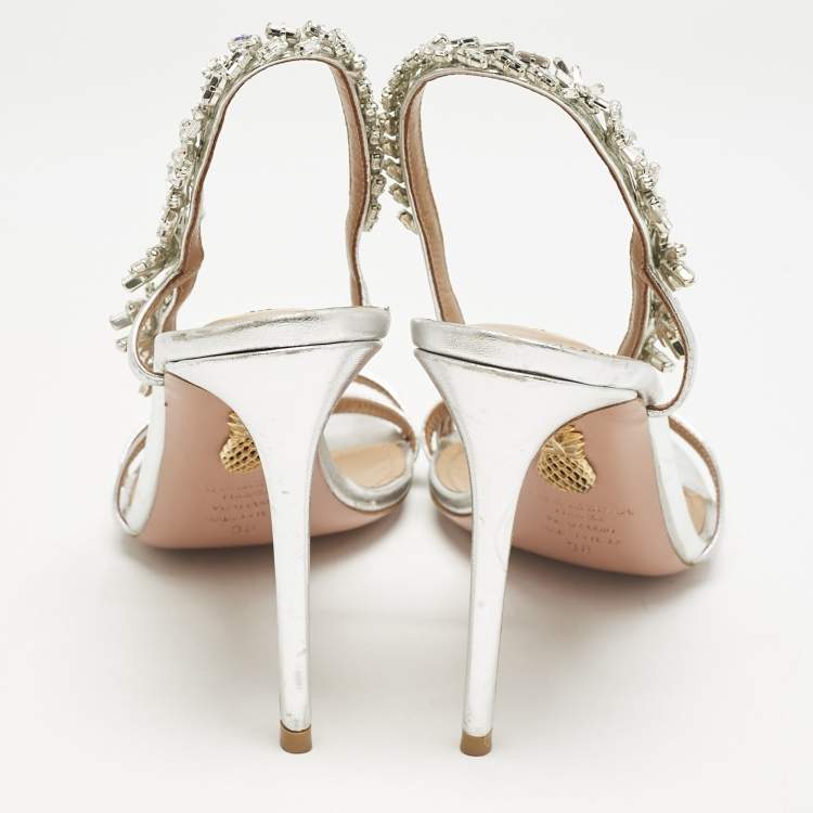 Pre Owned Aquazzura  Silver Leather Crystal Embellished Chateau Slingback Sandals Size 38