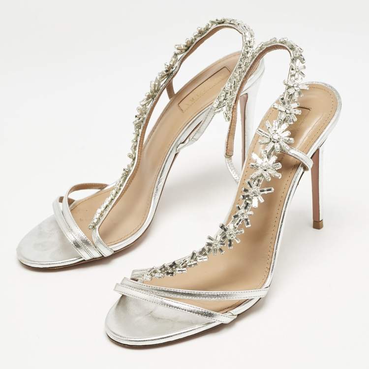 Pre Owned Aquazzura  Silver Leather Crystal Embellished Chateau Slingback Sandals Size 38