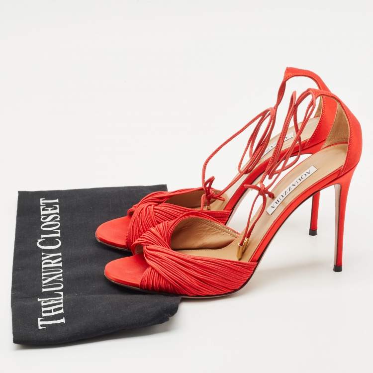 Pre Owned Aquazzura Red Satin Bellini Beauty Ankle Strap Sandals Size 39