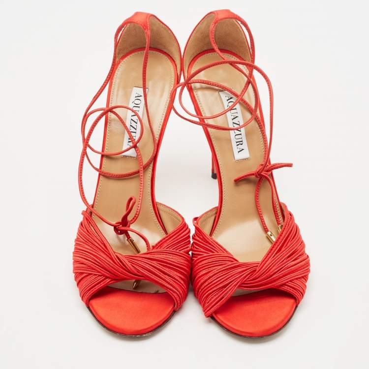 Pre Owned Aquazzura Red Satin Bellini Beauty Ankle Strap Sandals Size 39