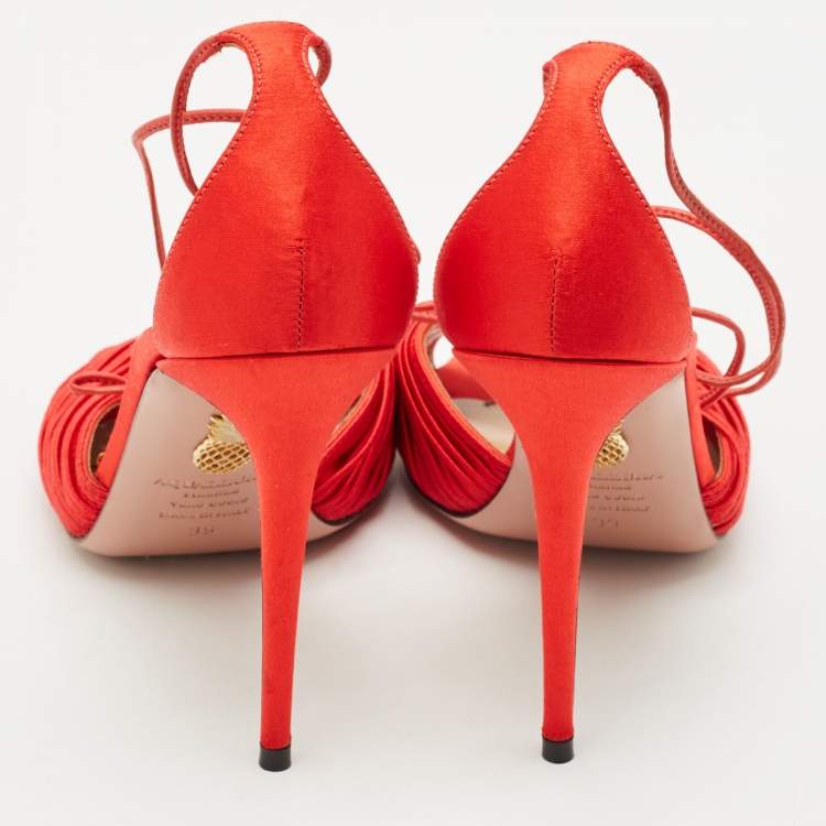 Pre Owned Aquazzura Red Satin Bellini Beauty Ankle Strap Sandals Size 39