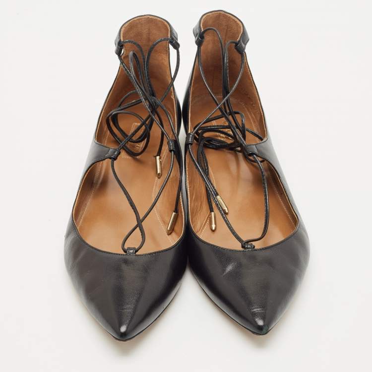 Pre Owned Aquazzura Black Leather Christy Ankle-Wrap Ballet Flats Size 40.5