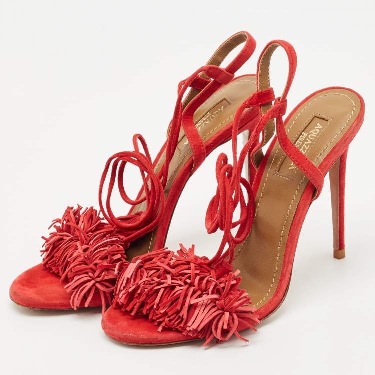 Pre Owned Aquazzura Red Suede Wild Thing Ankle Strap Sandals Size 35