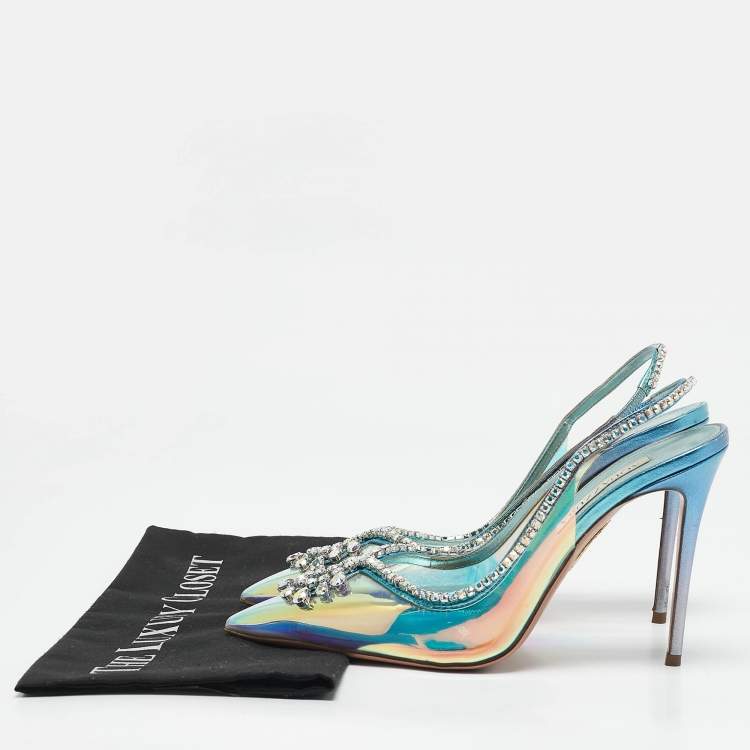 Pre Owned Aquazzura Transparent Crystal Embellished PVC Heaven Slingback Pumps Size 38.5