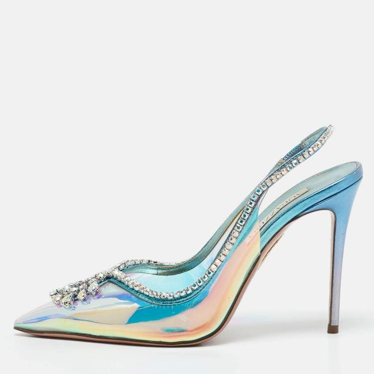 Pre Owned Aquazzura Transparent Crystal Embellished PVC Heaven Slingback Pumps Size 38.5